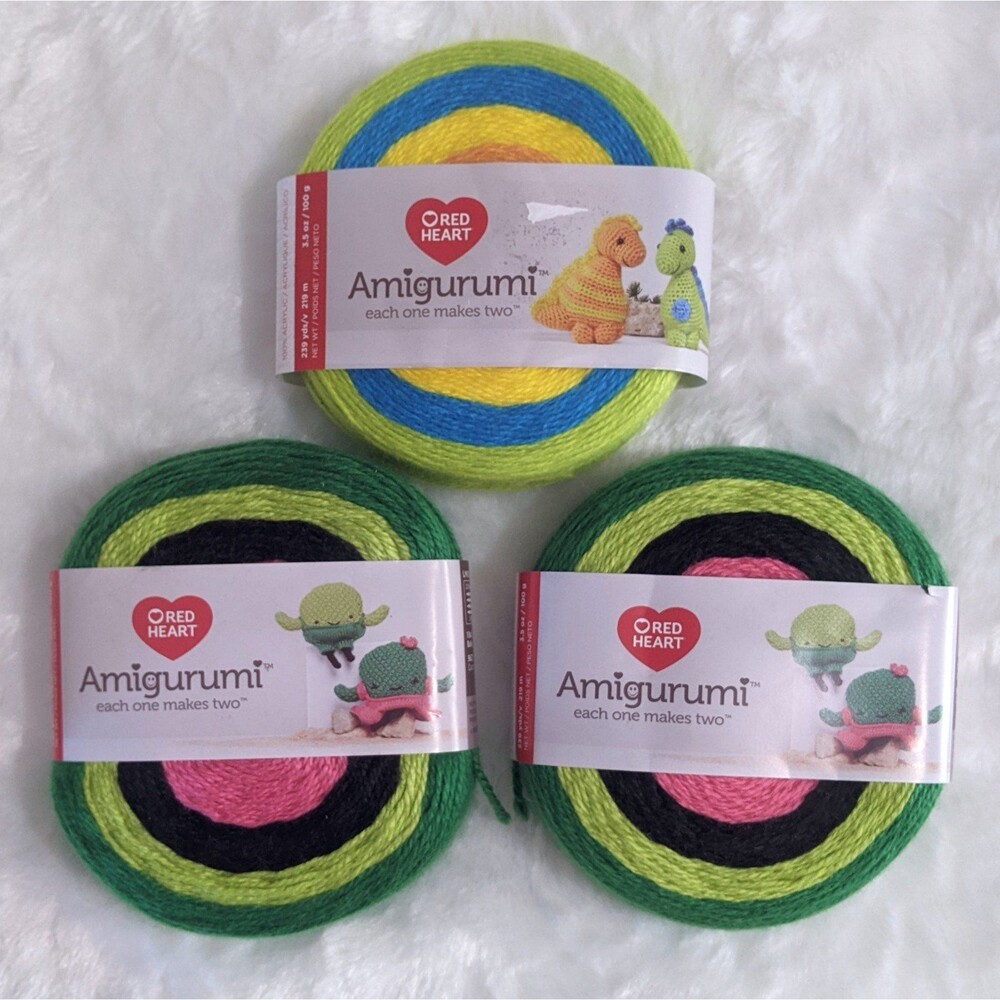 3 Amigurumi Yarn Cake Red Heart Bundle Dinosaur & Cactus # 1 Super Fine New